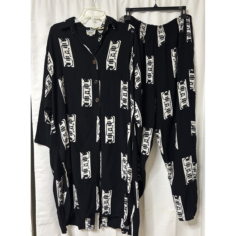 Simple People Batik Lagenlook 2 pc Set Artsy Oversized One Size OS Black VTG